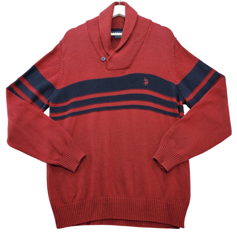 US Polo Assn Shawl Collar Sweater Mens Large Red Navy Blue Stripe Block Preppy